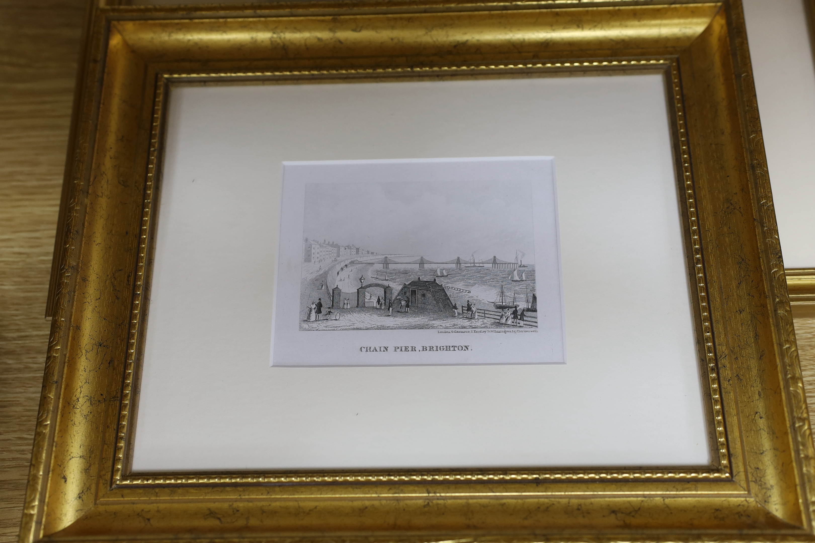 Five 19th century engravings and prints of Brighton Chain pier, some hand coloured including, ‘Chain pier’, publ. J Cordwell, ‘Dieppe steam packet ship’ and one other after R.H Nibbs, printed by C. Moody, largest size 23